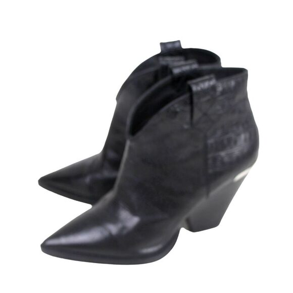 Lola Cruz BLACK GENUINE LEATHER CROCO PRINT MID HEEL POINTED ANKLE BOOTS Size 37 - Picture 2 of 8